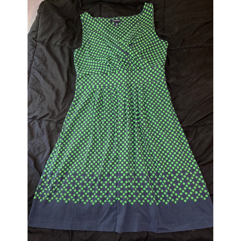 Lands' End Green &‎ Navy Blue Polka Dot A-Line Faux Wrap Midi Dress, S (6-8)